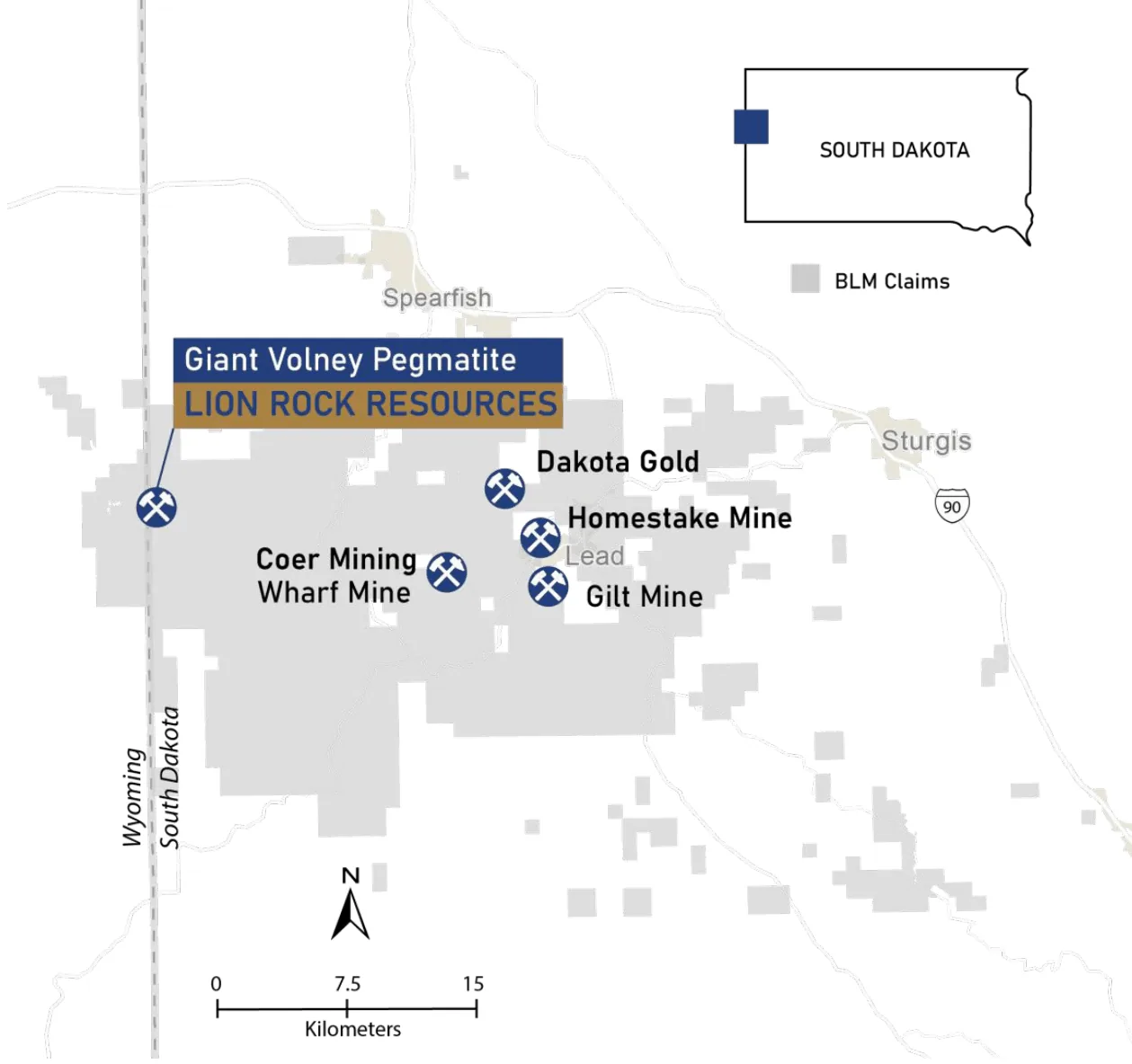 Map of the Black Hills mining district showing Lion Rock's Giant Volney Pegmatite near Spearfish alongside the Homestake Mine, Coeur Mining's Wharf Mine, and Dakota Gold
